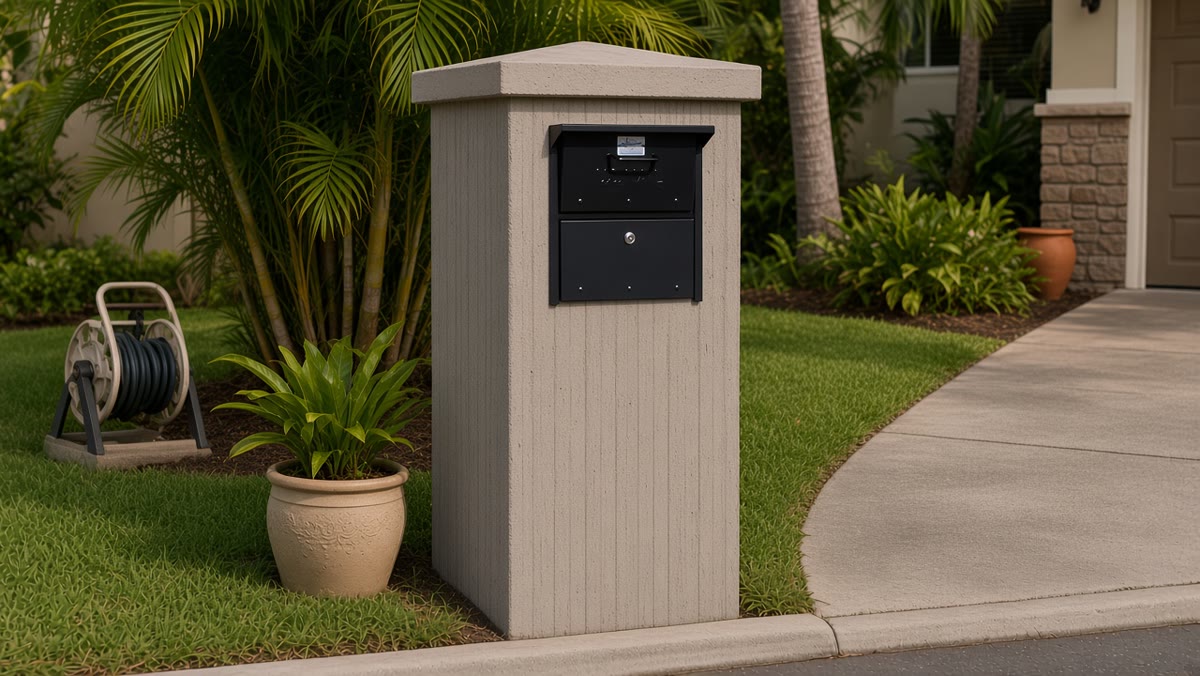 Illustrative sample: smooth poured-concrete mailbox pedestal with dark metal insert